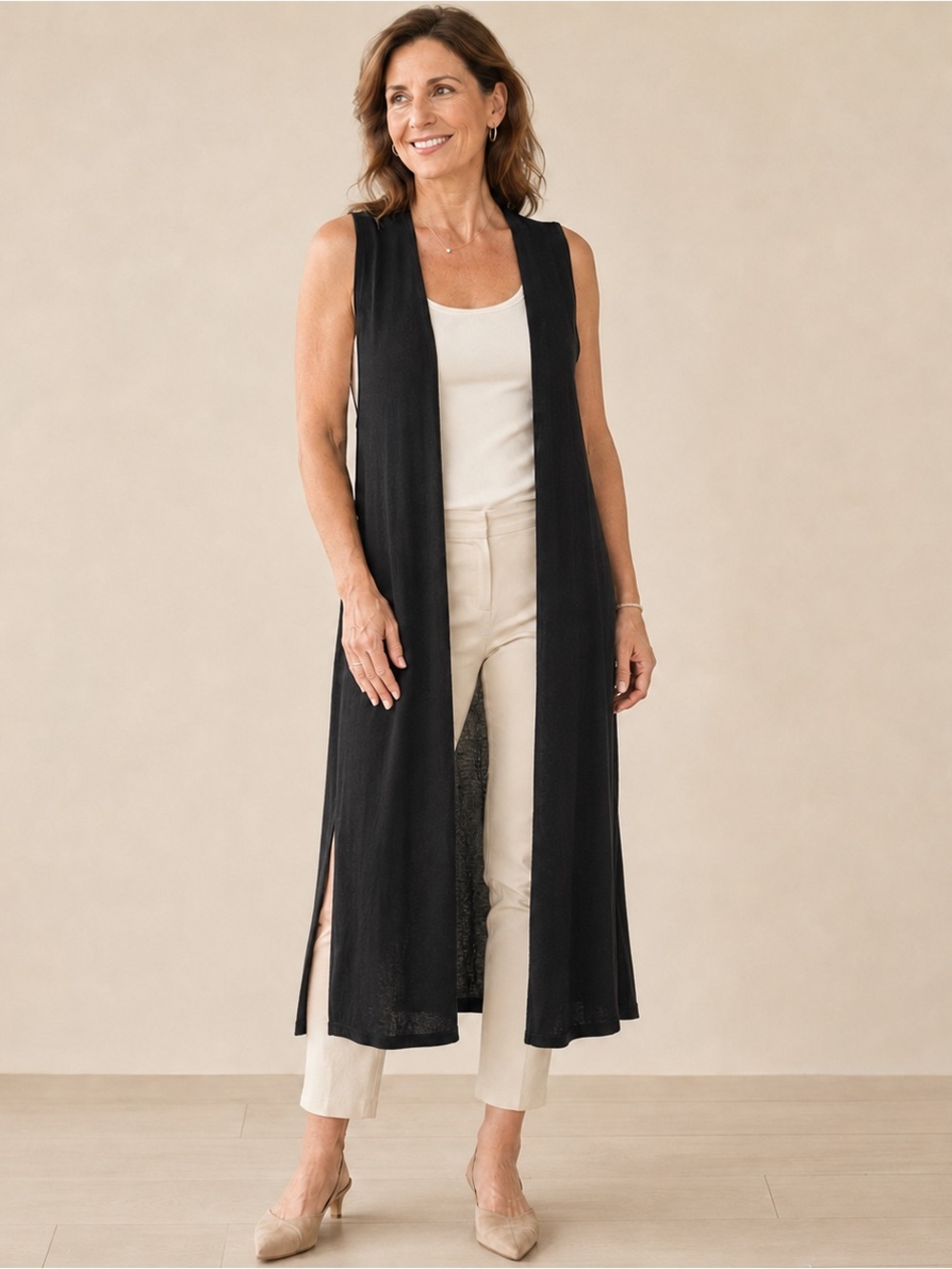 Tahari 100% Extra Fine Merino Wool Duster Open-Front 45” Long Cardigan M Black